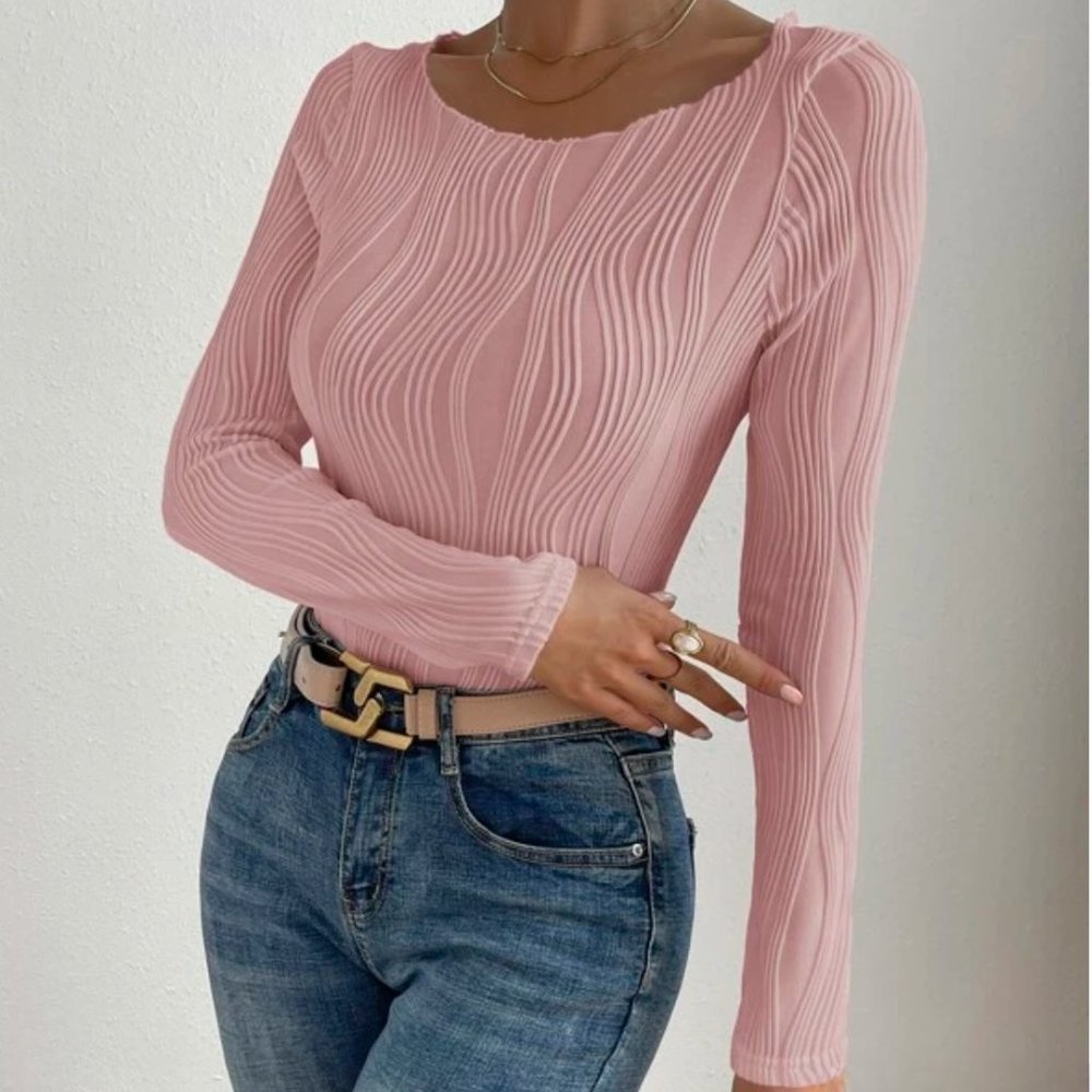 Pink Frenchy Silky Textured  Round Neck Tee - Picture 3 of 4